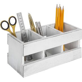 MyGift 3-Compartment Torched Solid Wood Desktop Office Supplies Caddy Pen Pencil Cup Holder Desk Organizer, Makeup Brush Art and Paint Brush Holder