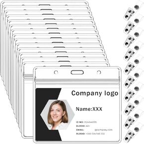 15 Pcs Badge Holders with Clip Extra Thick Clear Name Badge Holders Clear PVC Horizontal Name Tag Holder and Metal Badge Clip Waterproof Name Tag Holder with Waterproof Resealable Zip