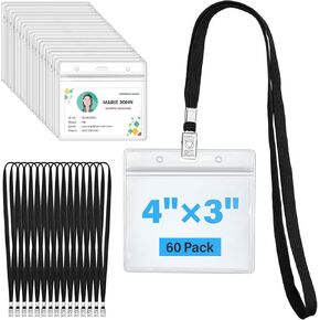 60 Pack Clear Plastic Horizontal Badge Holders 4×3 Inches and 60 Pack Black Lanyards Name Tag Badge Holder with Lanyard for Kid, Adult, Office, School