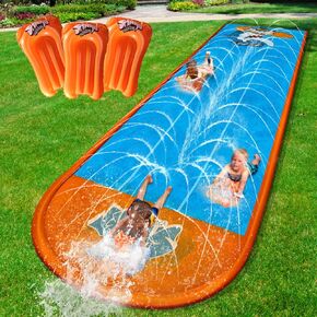 Slip Water Slide, 22ftx5ft Slip Water Slide for Kids Backyard Lawn with Sprinkler, 2 Sliding Racing Lanes and 3 Inflatable Bodyboards, Shark Pattern Outdoor Summer Water Toy