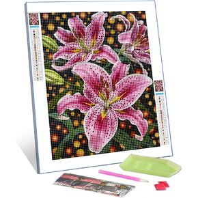 Lilly Flower Diamond Painting DIY 5D, Numbering Kit, Tropical Green Leaves Artwork/Pictures Red Lilium Floral Wall Art Crystal Rhinestone Embroidery Painting Home Decor Adults Gift(12''Wx 16''H)
