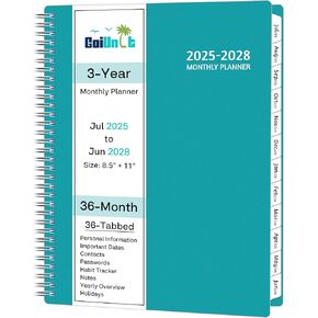 Monthly Planner 2025-2028, 36 Months Calendar Planner 2025-2028 from Jul 2025 – Jun 2028, 8.5'' x 11'' with Ruled Spread, Flexible Cover, Spiral Wirebound, Pocket, Coated Tabs, Notes ＆ Habit Tracker