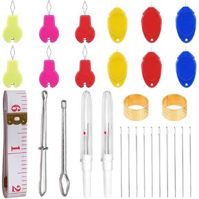 Needle Threaders Kit,29 Pcs Needle Threader Tool for Hand Sewing,Sewing Needle Threader for Embroidery Floss Include Seam Ripper,Embroidery Needles,Thimble,Scissors and Measuring Tape