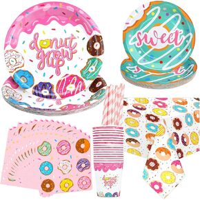 PHOGARY Donut Party Supplies Set, 85pcs Serves 16 Includes Plates, Napkins, Straws, Cups, Donut Tablecloth for Girl Birthday, Baby Shower Decorations