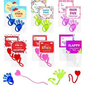 4E's Novelty Individually Wrapped Valentines Day Slappy Hands, Stretch Hearts with Valentines Greeting Cards for Boys Girls, School Classroom Exchange Toy Party Favors - Pack of 32
