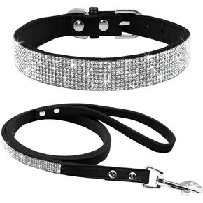 Rhinestone Bling Leather Dog Collar and Leash Set, Cute Dazzling Sparkling Soft Velvet Dog Cat Collar Crystal Diamond Puppy Collar (S, Hot Pink1)