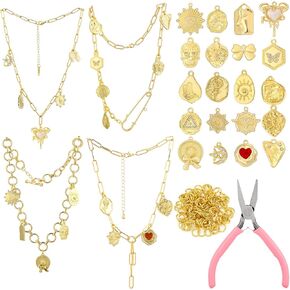 Tondiamo 45 PCS Gold Necklace Make Kit 20 Charms with Jump Rings 4 PCS سلاسل قلادة مختلفة تصميم وأدوات لصنع المجوهرات لصنع الحرف DIY Craft Supplies Supplies