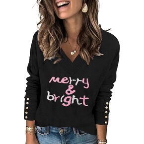 AKEWEI Womens V Neck Sweaters Long Sleeve Lightweight Knit Pullover Tops with Decorative Buttons