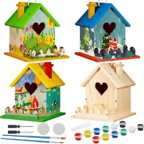Juexica 4 Pack Wooden Birdhouse Kit DIY Craft Bird House with Paint and Paintbrushes Build a Bird Bungalow for Boys Girls Adults Arts Projects Gift Party Favor(Assorted)