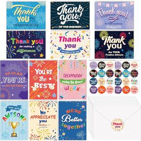 Konsait 24 Sheets بطاقات تقدير الموظف مع ملصقات الأظرف ، 12 تصميمات شكرا لك على الموظفين تقدير العمل الذكرى 6x4 في بطاقات تقدير الموظفين