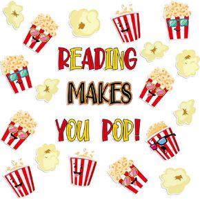 TaoBary 70 Pcs Popcorn Bulletin Board Decor Popcorn Bucket Cut Outs Reading Makes You pop Teacher Bulletin Board Supplies Popcorn Accents Paper Cutouts for Party School Classroom Door Wall
