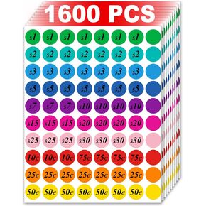1600 Pcs 3/4 Inch Round Garage Sale Price Stickers, Misofuki 0.75inch Price Stickers for Yard Sales, Flea Markets, County Fairs & Retail Use, Pre-Printed Price Stickers, Rummage Sale Price Stickers