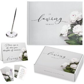 Funeral Guest Book for Memorial Service - Hardcover Memorial Guest Book for Funeral, Box, Pen with Stand, Prayer Cards, & Table Card Stand, Celebration of Life Guest Book Set of 5 - in Memory of