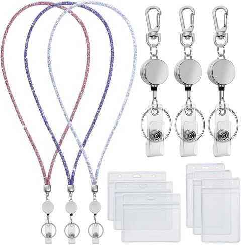 Lanyards for ID Badges 9 in 3 Set Bling Badge Lanyard with ID Badge Holder Retractable Crystal Teacher Lanyards Retractable Keychain Cruise Ship Lanyards for Women in Saudi Arabia