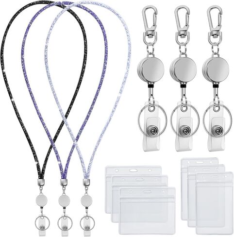 Lanyards for ID Badges 9 in 3 Set Bling Badge Lanyard with ID Badge Holder Retractable Crystal Teacher Lanyards Retractable Keychain Cruise Ship Lanyards for Women in Saudi Arabia