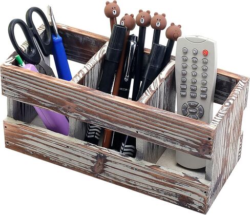 MyGift 3-Compartment Torched Solid Wood Desktop Office Supplies Caddy Pen Pencil Cup Holder Desk Organizer, Makeup Brush Art and Paint Brush Holder in Saudi Arabia
