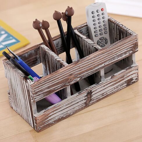 MyGift 3-Compartment Torched Solid Wood Desktop Office Supplies Caddy Pen Pencil Cup Holder Desk Organizer, Makeup Brush Art and Paint Brush Holder in Saudi Arabia