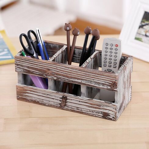 MyGift 3-Compartment Torched Solid Wood Desktop Office Supplies Caddy Pen Pencil Cup Holder Desk Organizer, Makeup Brush Art and Paint Brush Holder in Saudi Arabia