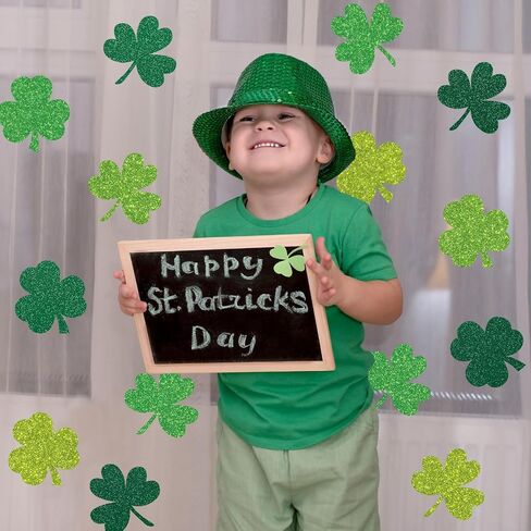 Seajan 200 Pcs St. Patrick's Day Cutouts Decoration Shamrock Glitter Paper Cutouts with 400 Pcs Glue Points 4 Color Lucky Bulletin Board Decoration for Classroom Home Door Wall St. Patrick's Day Party in Saudi Arabia