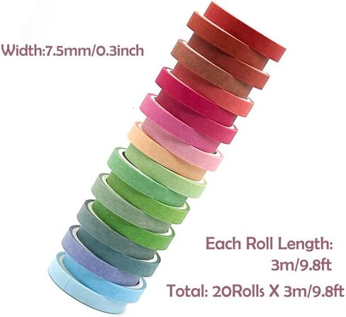 20 Rolls Washi Tape Set, Washi Tape Colorful Masking Tape 3 meters long and 7.5mm Wide,bullet log decoration, card making, scrapbook, planner, DIY packaging. in Saudi Arabia