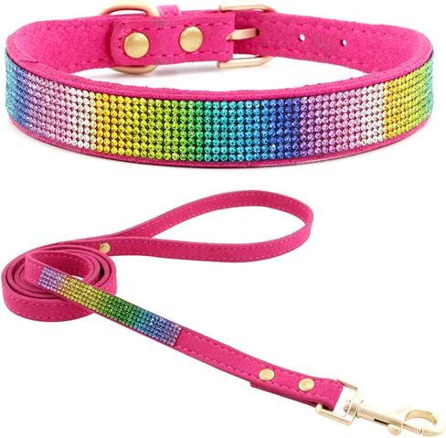 Rhinestone Bling Leather Dog Collar and Leash Set, Cute Dazzling Sparkling Soft Velvet Dog Cat Collar Crystal Diamond Puppy Collar (S, Hot Pink1) in Kuwait