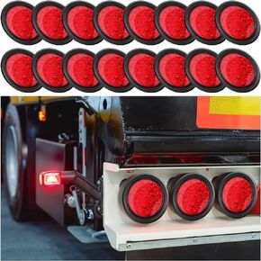 Funtery 16 Pcs 4 Inch Round 16 LED Trailer Tail Lights LED Stop Light Reverse Lights Turn Tail Light IP67 Brake Tail Lights Flush Mount Include Lights Grommets 3 Prong Wire Pigtails 12V Sealed (Red)