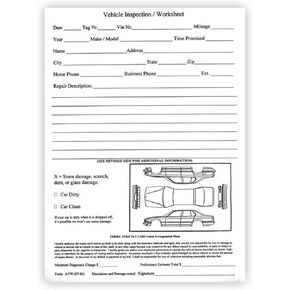 Vehicle Inspection Worksheet (Car Dealer Service Body Shop Form) (1 Pad of 100)