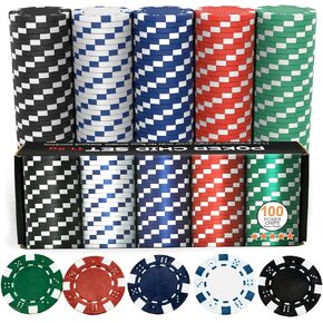 100 Poker Chip Set with Numbers, Clay Casino Chips, Bicycle Poker Chips Denominations, Bulk Travel Poker Set for Texas Hold Em Blackjack Card Games Tokens…