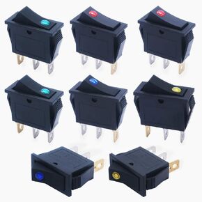 mxuteuk 8pcs 12V Illuminated Rocker Switch Toggle Power SPST ON-Off Switch Snap-in 3 Pin 2 Position Red Yellow Green Blue LED Light, Use for Car Auto Boat Appliances Control KCD3-102N-4C-MY