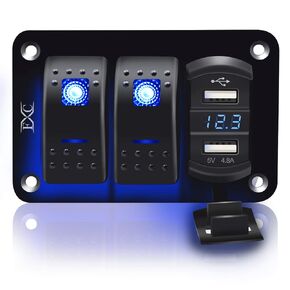 Purishion 3 Gang Rocker Switch Aluminum Panel with Voltmeter & Dual USB(4.8 Amps) Fast Charging, Blue Backlit Led, Pre-Wired IP65 Waterproof for Marine, Boat, Car, Truck, Polaris, Jeep (Blue)