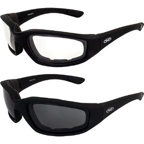 Global Vision Two (2) Pairs Kickback Padded Motorcycle Sunglasses Black Frame Clear Lens Smoke Lens