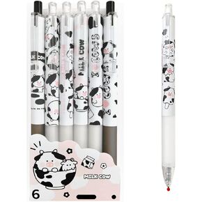 Cute Pens Kawaii 0.5mm Black Ink Gel Pens Fine Point Smooth Writing Ballpoint for Office School Supplies Nice Fun Gifts for Kids Girls Women Pens for Journaling, Pack of 6pcs (Little Milky Cow)