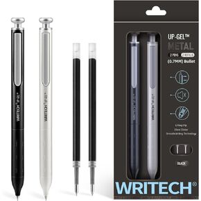WRITECH Gel Pens Fine Point: Premium Metal Barrel Retractable 0.7mm Black Ink Pen 2ct with 2 Refills No Smear & Bleed Quick Dry Smooth Writing Silent Click Luxury Up-Gel