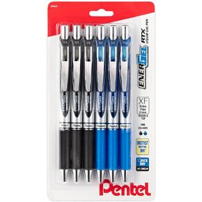 Pentel Energel 0.3 MM Ultra Fine Rtx Retractable Liquid Gel Pen - Needle Tip - 6 Pack Of 3 Black Ink & 3 Blue Ink Deluxe Pens