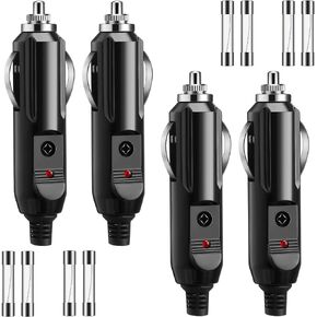 4 Pack 12V Cigarette Lighter Male Plug 15 Amp 24V Aux Socket Plug Cigarette Lighter Plug Replacement with Red LED Light 8 Pieces 15A 20A Replacement Fuse for Vehicle Car Refrigerator