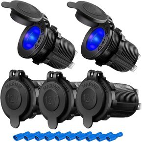 5 PCS Cigarette Lighter Socket 12V, DC 24V Car Marine Motorcycle Power Outlet Replacement Waterproof Cigarette Lighter Adapter Female Socket Plug with Blue LED Indicator for ATV RV Boat Bus Truck SUV
