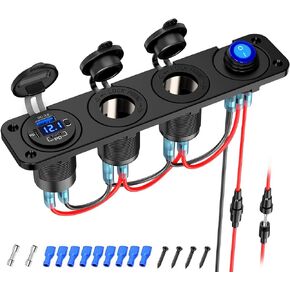 (4 in 1) 12V USB Cigarette Lighter Socket Panel: 78W 3 Ports USB C 12V Outlet Dual PD 30W & QC 18W Port with Voltmeter, Dual 150W Cigarette Lighter Socket with Waterproof Rocker Toggle Switch DC 12V