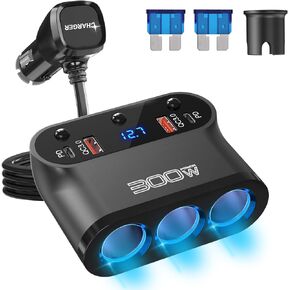 Cigarette Lighter Splitter 300W: OUFFUN Dual 18W QC3.0 and 30W PD USB-C Multi Way Cigarette Lighter Adapter DC Outlet Car 12V Splitter with LED Voltmeter Switches for iPhone Samsung Phone GPS Dash Cam