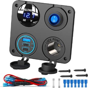 12V USB Outlet Socket Panel: (4 in 1) 58W Dual PD3.0 USB C 12V USB Charger 150W Marine Cigarette Lighter Socket 12v Splitter with Voltmeter Digital Display and Waterproof Rocker Toggle Switch 15A Fuse