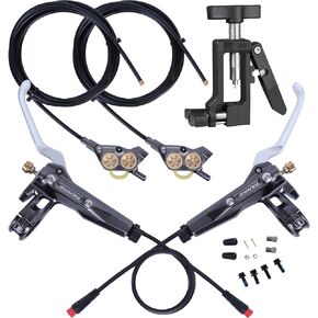 JFOYH 4 Pistons Electric Bike Hydraulic Disc Brake Set with Brake Tool Kit, EMTB Electric Power-Off Sensor with 2-PIN Male Waterproof Connector, Mineral Oil Pre-Bled