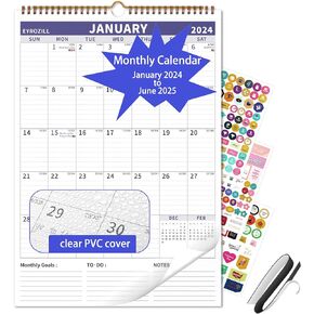 Calendar 2024-2025 Wall Calendar 18 Month from Jan. 2024 to Jun. 2025 Hanging Planner 12" x 17", Fridge Calendar with Magnetic, Clear Cover in Kuwait