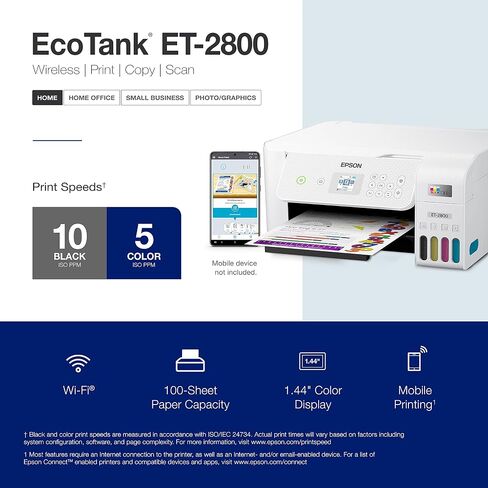 طابعة Epson EcoTank ET-2800 اللاسلكية الملونة الكل في واحد Supertank الخالية من الخرطوشة مع المسح الضوئي والنسخ. ضمان محدود كامل لمدة عام واحد - أبيض (القسط المتجدد) in Kuwait