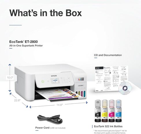 طابعة Epson EcoTank ET-2800 اللاسلكية الملونة الكل في واحد Supertank الخالية من الخرطوشة مع المسح الضوئي والنسخ. ضمان محدود كامل لمدة عام واحد - أبيض (القسط المتجدد) in Kuwait