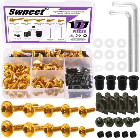 Swpeet 177 قطعة بمقاسين M5 M6 مجموعة متنوعة من مسامير الدراجات النارية، مسامير تثبيت الزجاج الأمامي للدراجات النارية، مسامير تثبيت رياضية لجميع الموديلات والدراجات الرياضية لسنوات (ذهبي) in Kuwait