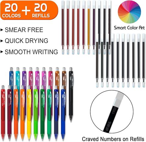 Smart Color Art 40 Pack Set, 20 Colored Gel Pens With 20 Matched Refills, Medium Point Retractable Gel Ink Pens With Comfortable Grip, Great for Journal Notebook Planner in School Office in Kuwait