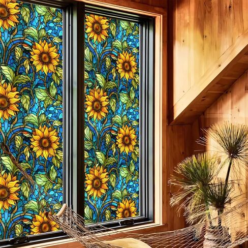 غشاء نافذة زجاجي ملون عباد الشمس، غشاء خصوصية غير لاصق، غشاء نافذة زجاجي ملون لباب الحمام والحرارة ومضاد للأشعة فوق البنفسجية 17.7 بوصة × 39.5 بوصة in Kuwait