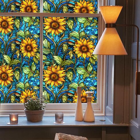 غشاء نافذة زجاجي ملون عباد الشمس، غشاء خصوصية غير لاصق، غشاء نافذة زجاجي ملون لباب الحمام والحرارة ومضاد للأشعة فوق البنفسجية 17.7 بوصة × 39.5 بوصة in Kuwait