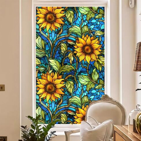 غشاء نافذة زجاجي ملون عباد الشمس، غشاء خصوصية غير لاصق، غشاء نافذة زجاجي ملون لباب الحمام والحرارة ومضاد للأشعة فوق البنفسجية 17.7 بوصة × 39.5 بوصة in Kuwait