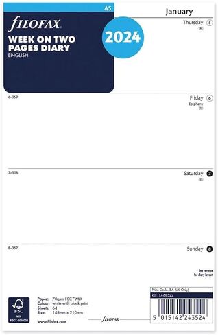 Filofax A5 week on two pages English 2024 diary, White in Saudi Arabia