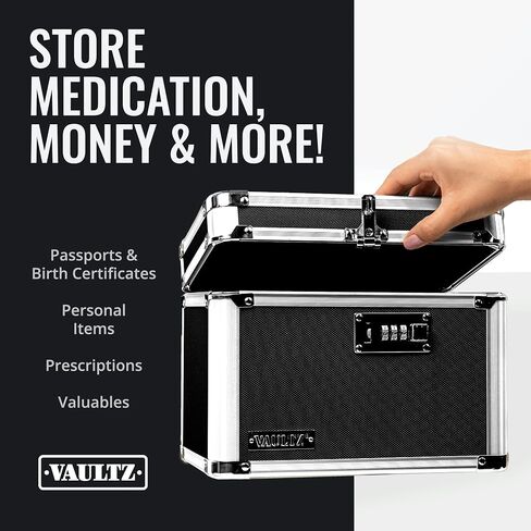 صناديق قفل الأمان الآمنة من Vaultz - صندوق قفل آمن، لتخزين المستندات والأشياء الثمينة والأدوية والمال - 9.88 × 7.75 × 7 بوصة - أسود/كروم in Kuwait